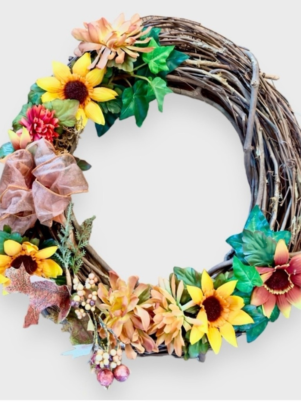 16” CUSTOM Rustic Farmhouse Sunflower & Daisy Floral Wooden Grapevine Wreath